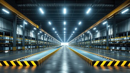 Obraz premium A spacious, well-lit warehouse with storage racks and loading areas.
