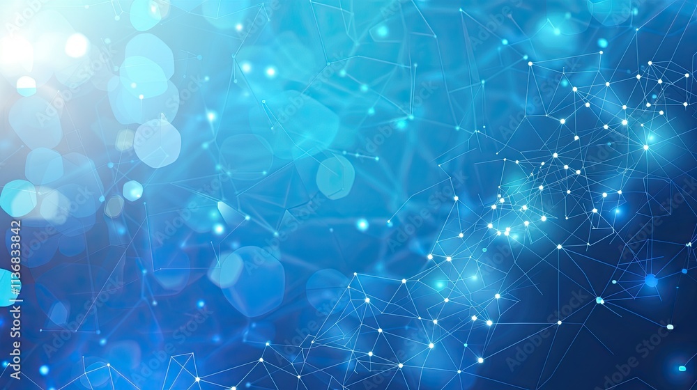 Poster abstract blue digital background with interconnected lines and glowing dots.