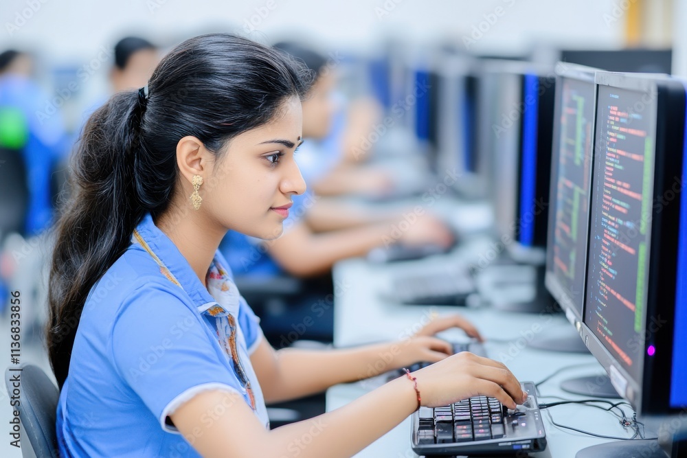 Aufkleber young indian woman focused on programming at a computer workstation in a tech environment.