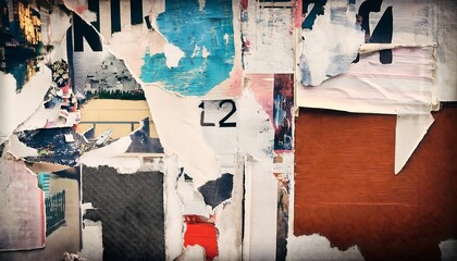 Fototapeta premium Old blank ripped torn posters grunge texture background creased crumpled paper placard surface Urban street posters / Empty space for text Torn street poster background, abstract retro paper collage