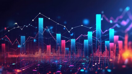 Colorful abstract data visualization with glowing graphs and charts representing financial trends, market analysis, and digital statistics in a futuristic design