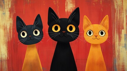 Three cute cartoon cats in black, orange, and dark orange, posed against a red textured background.