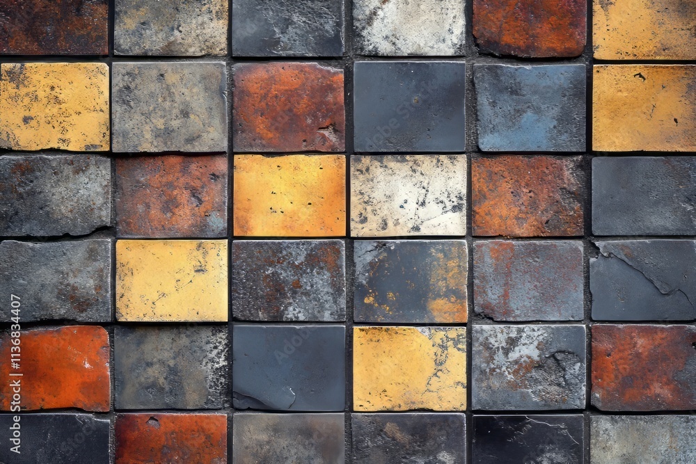 Poster pattern texture of rustic tiles featuring a mix of dark and warm hues in a grid layout