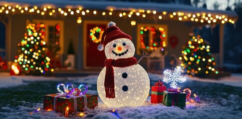 A beautifully decorated snowman stands amidst vibrant holiday decorations, embodying the spirit of Christmas celebrations.