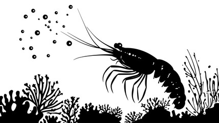 Shrimp feeding near coral reef, gripping surface with legs, Animal Illustration