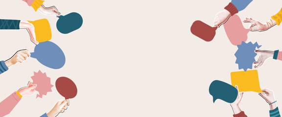 People offering ideas frame collage. Mixed media halftone hands holding colorful speech bubbles. Brainstorming, communication and collaboration concept vector banner illustration.