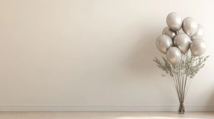Minimalistic Interior with Silver Balloons and Rustic Greenery Against Beige Wall