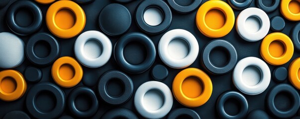 Abstract artwork with textured rings in bold colors on a dark surface