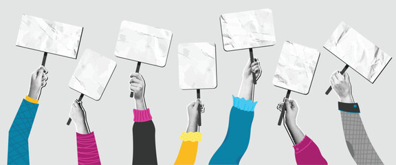 Hands holding blank signs collage. Mixed media halftone arms raising blank placards with crumpled paper effect. Community unity and social protest demonstration concept vector illustration.