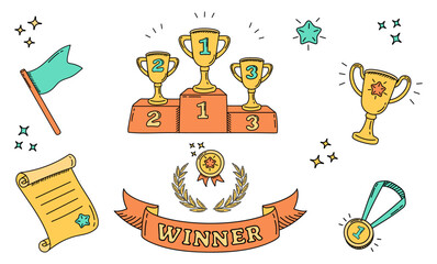 Doodle style champion awards set. Hand drawn sports trophies. Winner element icons