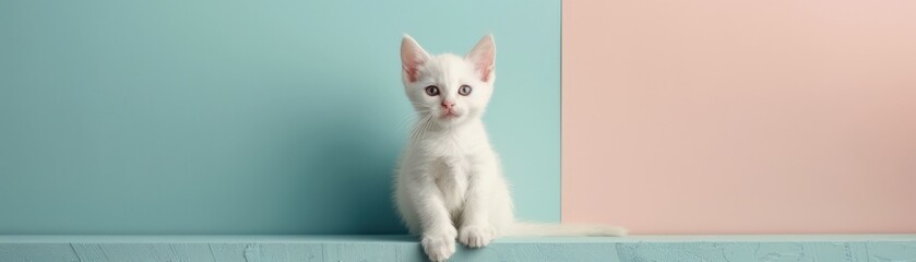 Obraz premium A cute white kitten sits against a pastel background, showcasing its playful demeanor and curious expression.