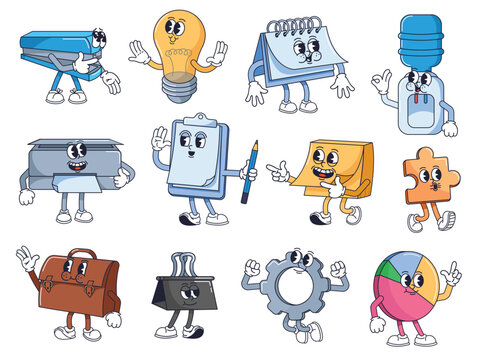Retro cartoon office characters. Playful stapler, idea lamp, calendar, water cooler, printer, clipboard, sticky notes, puzzle piece, paper clip, gear and pie chart mascots vector illustrations set.