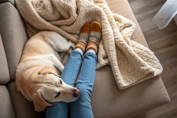 Socks on legs and cute golden retriever dog on a sofa. Family relax time. Winter holidays and hygge concept. Atmospheric moments lifestyle.