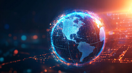 Obraz premium A digital globe icon with floating geography data, representing online geography platforms, virtual travel tools, and interactive learning experiences. 