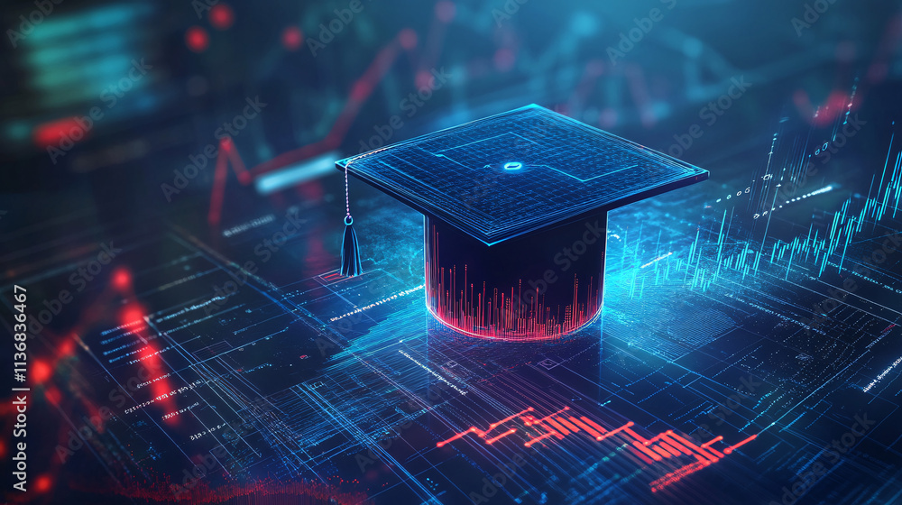 Poster a digital graduation cap icon with data charts floating around, symbolizing online university platfo