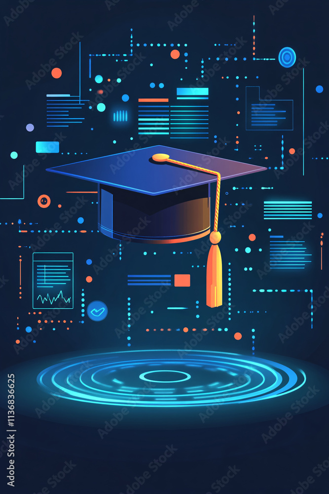 Poster a digital graduation cap icon with data charts floating around, symbolizing online university platfo