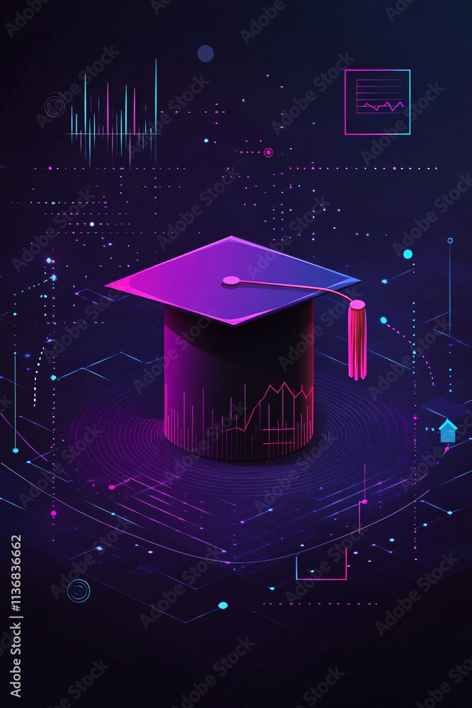 Poster a digital graduation cap icon with data charts floating around, symbolizing online university platfo