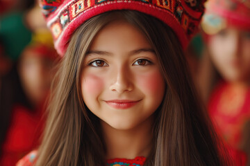 Fototapeta premium Young girl wearing traditional attire smiles brightly during cultural celebration in Peru