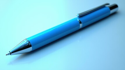 Blue metallic ballpoint pen with shiny chrome accents lying on soft gradient light blue surface, perfect for office supplies, writing tools, or business stationery background and productivity themes