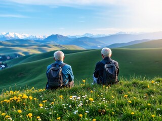 Fototapeta premium Peaceful Elderly Retirees Enjoying Scenic Mountain View at Sunset