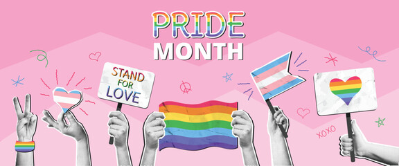 Pride Month collage. Mixed media LGBTQ banner with rainbow flags, heart symbols and supportive placards in halftone hands. Celebrating love and equality vector illustration.