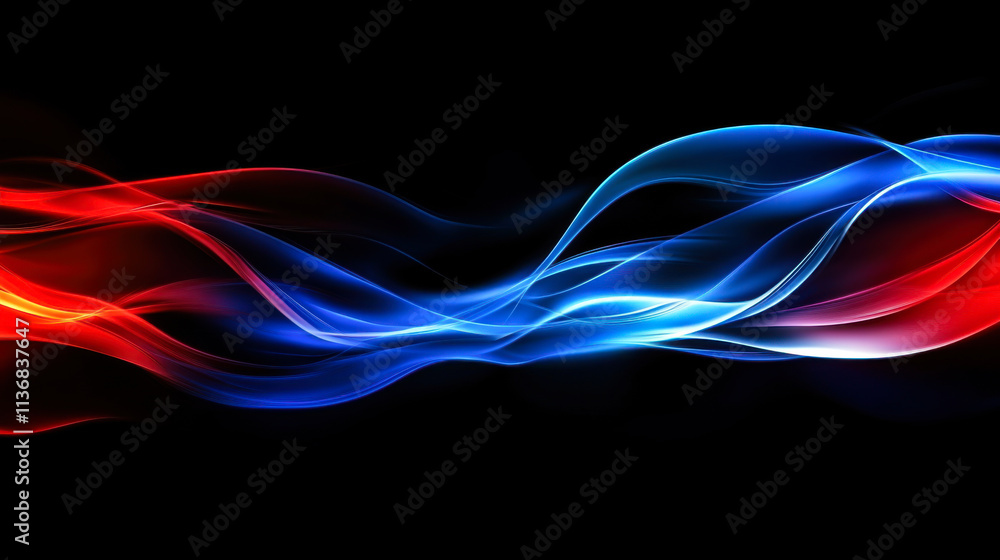 Poster vibrant red and blue flowing waves create a dynamic abstract design against a dark background