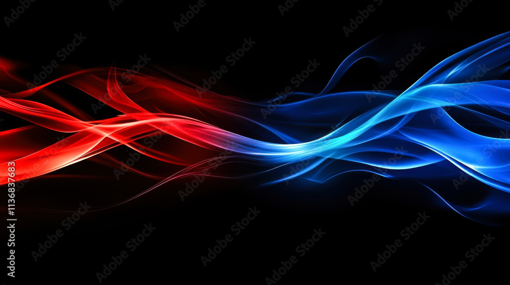 Poster vibrant red and blue flowing waves create a dynamic abstract design against a dark background