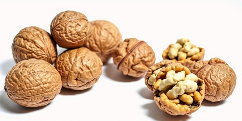 Close-up of Fresh Walnuts in Shell and Shelled, Isolated on White Background