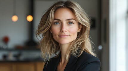 A confident woman with wavy hair poses in a modern indoor setting.
