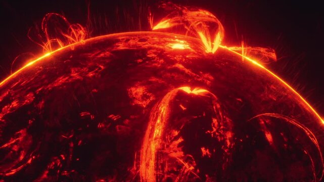 Bright solar prominences burst from the suns surface, showcasing vibrant red hues and intricate details. This celestial display highlights the suns dynamic atmosphere.