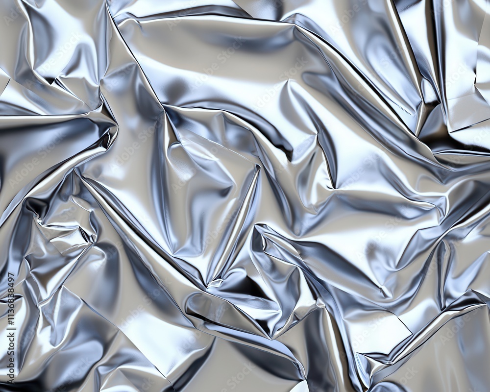 Poster a close-up view of crumpled metallic silver foil, creating a textured and reflective surface.