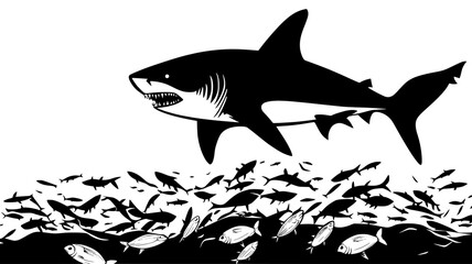 Fototapeta premium Shark approaching a bait ball of fish in the open ocean, Animal Vector Graphic