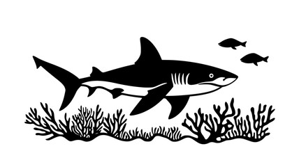 Obraz premium Shark swimming near a coral reef with remora attached, Animal Vector Graphic