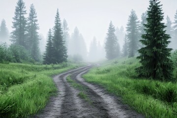 Obraz premium A serene landscape with a misty dirt path winding through lush green grass and pine trees, creating a tranquil ambiance.