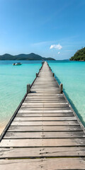 Fototapeta premium Scenic Wooden Boardwalk Over Pristine Turquoise Water Leading to Island