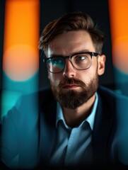 Obraz premium A thoughtfully posed man with glasses, illuminated by colorful lights, showcasing a blend of professionalism and creativity.