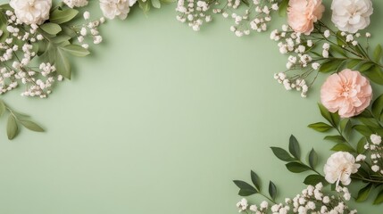 Flat lay of delicate flowers, green leaves, and foliage arranged on a pastel green background