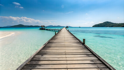 Idyllic Wooden Pier Leading to Horizon with Turquoise Sea and Sunny Island