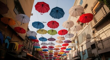 Colorful umbrellas hanging in urban street with sunny sky