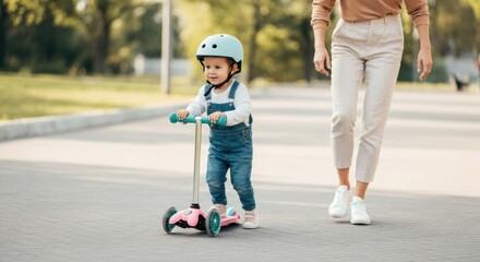 Young caucasian child riding scooter with female adult in park