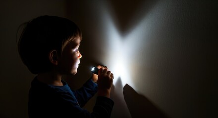 Young caucasian male child exploring shadows with flashlight in dark room