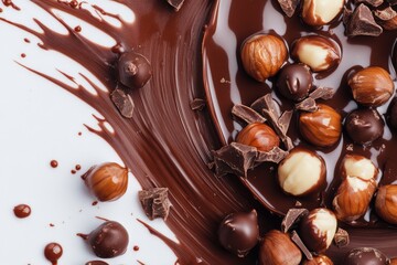 Hazelnut and chocolate spread full frameborder. Cocoa cream with whole hazelnuts background. Nut chocolate butter, paste top view. Food backdrop. Melted chocolate cream and nuts kernels