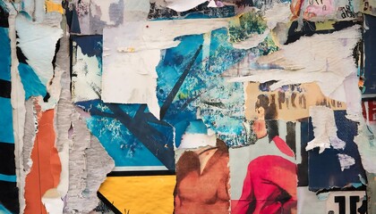 Fototapeta premium Old blank ripped torn posters grunge texture background creased crumpled paper placard surface Urban street posters / Empty space for text Torn street poster background, abstract retro paper collage