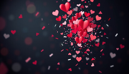 Red and pink hearts are floating on a dark background with confetti, creating a romantic and festive atmosphere, perfect for valentine's day or other love-related celebrations.