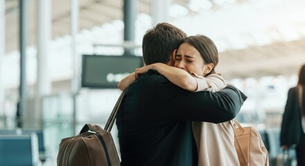 Emotional airport reunion: caucasian young female and male embrace