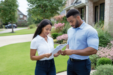 Couple discussing documents outside their home in a suburban neighborhood