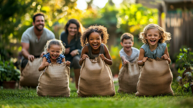 Joyful children and adults participating in a sack race during a sunny afternoon gathering in a lush garden - Powered by Adobe