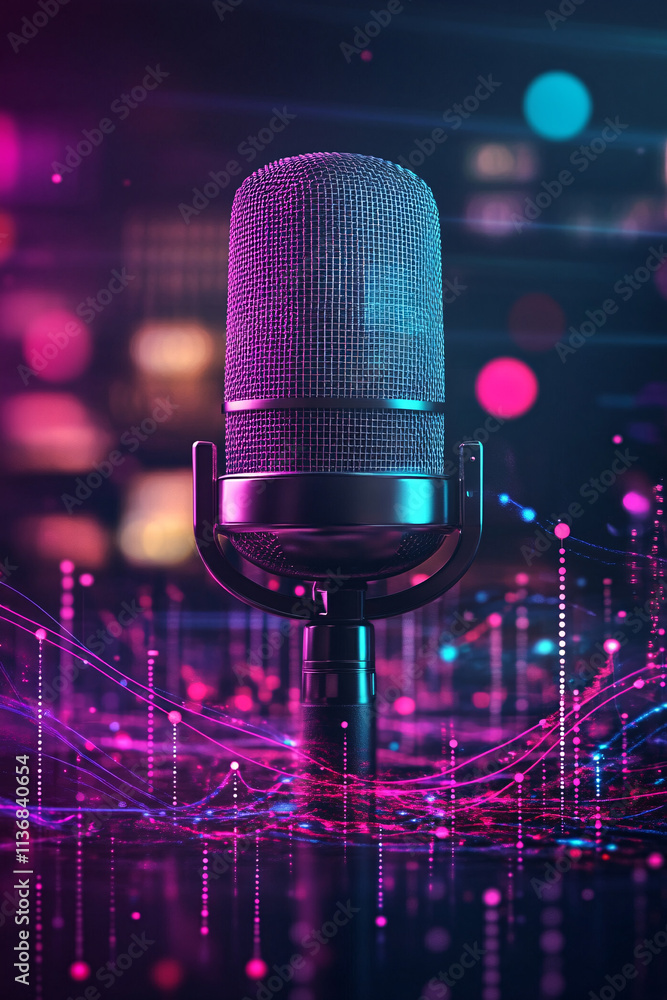 Poster a digital microphone icon with soundwaves and data streams surrounding it, symbolizing podcasting, v