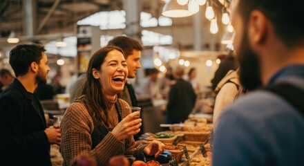 Diverse group enjoys vibrant market gathering with smiling young woman