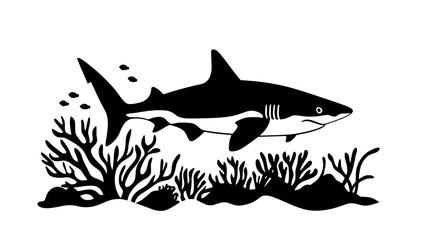 Obraz premium Shark swimming near a coral reef with remora attached, Animal Digital Art